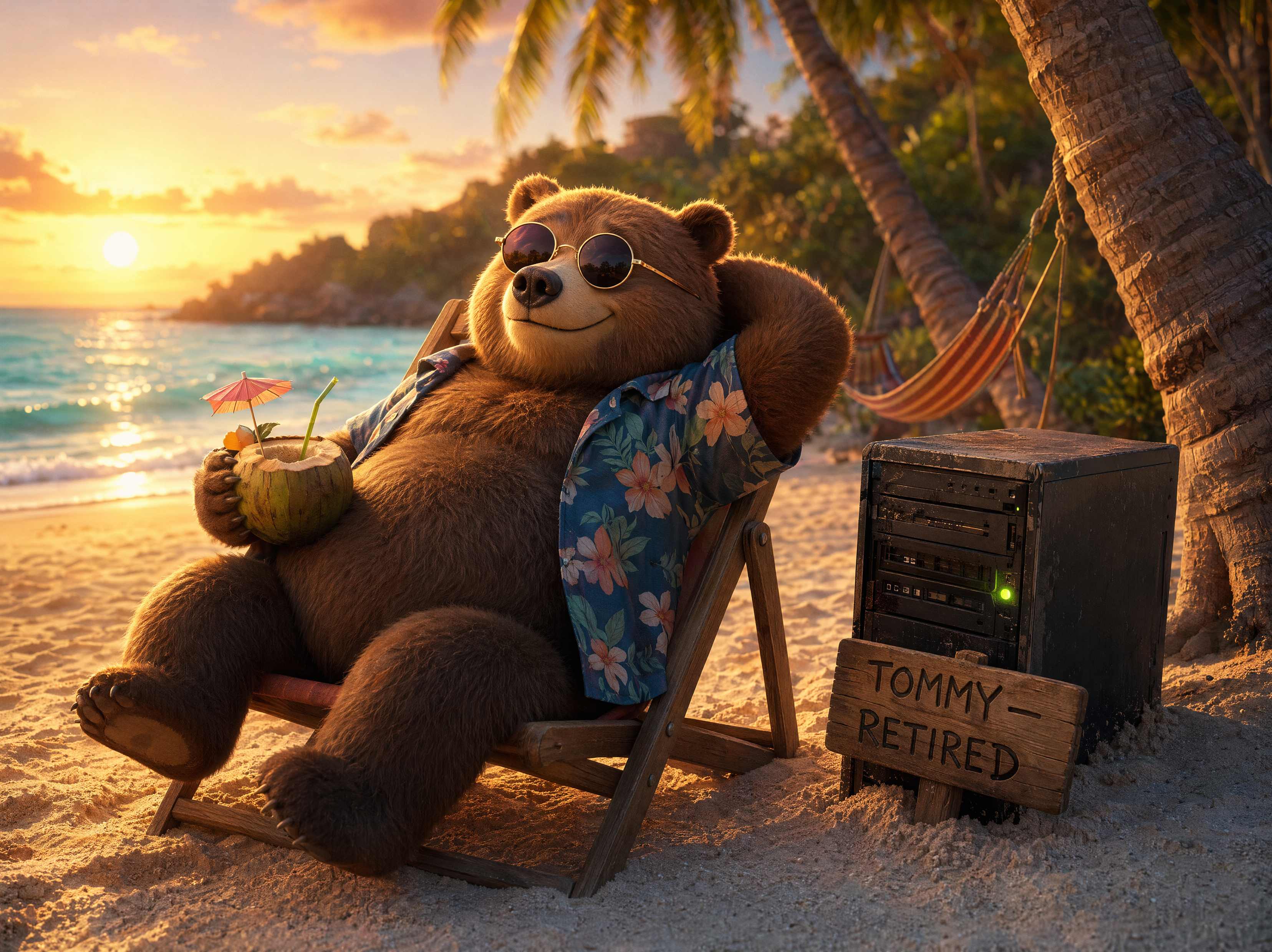 Tommy the brown bear relaxing in a deck chair on a beach at sunset, cocktail in paw, his old server tower half-buried in the sand beside him